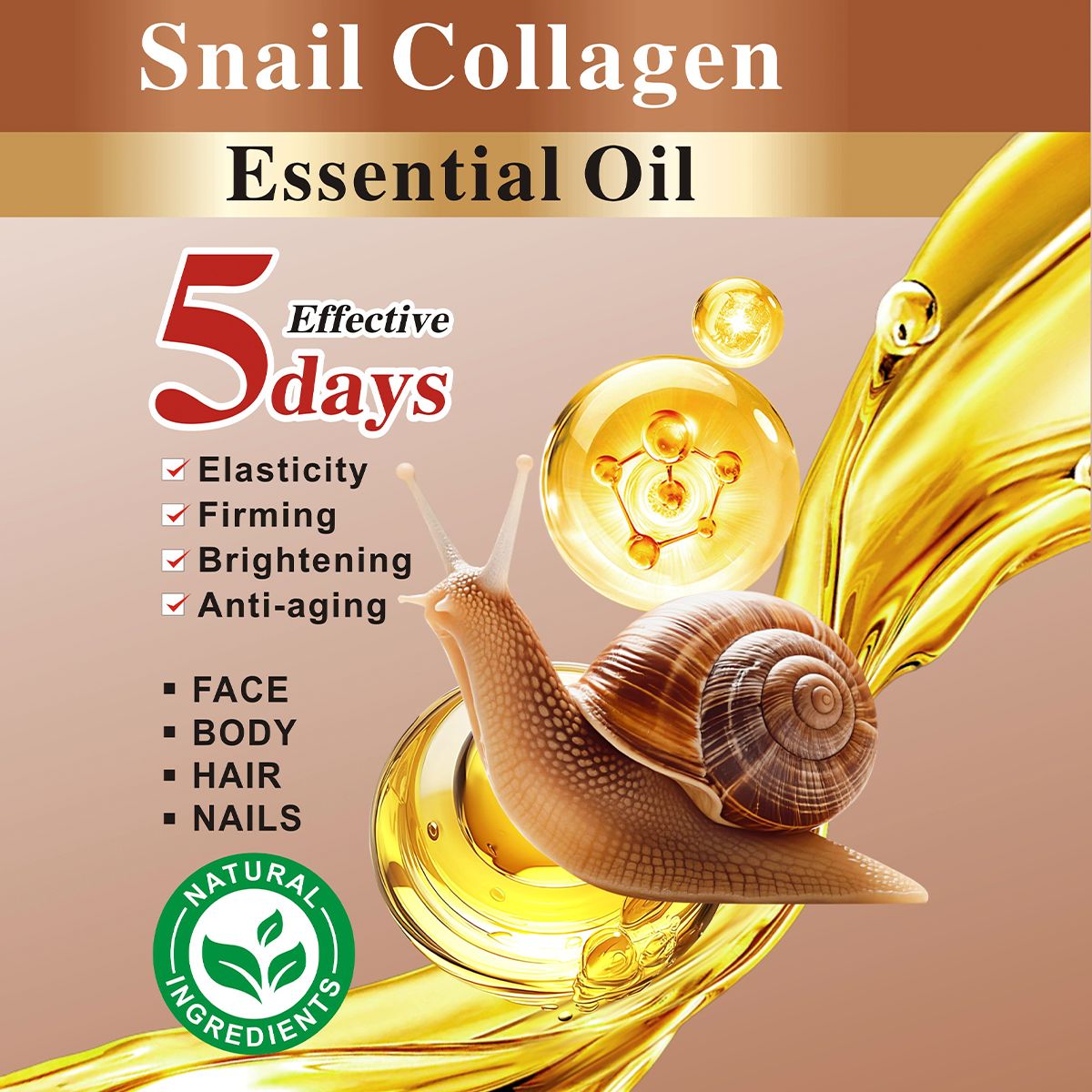 Aceite Esencial Rosa, Colágeno de Baba de Caracol o Almendra. Cuerpo, Rostro, Uña y Pelo.