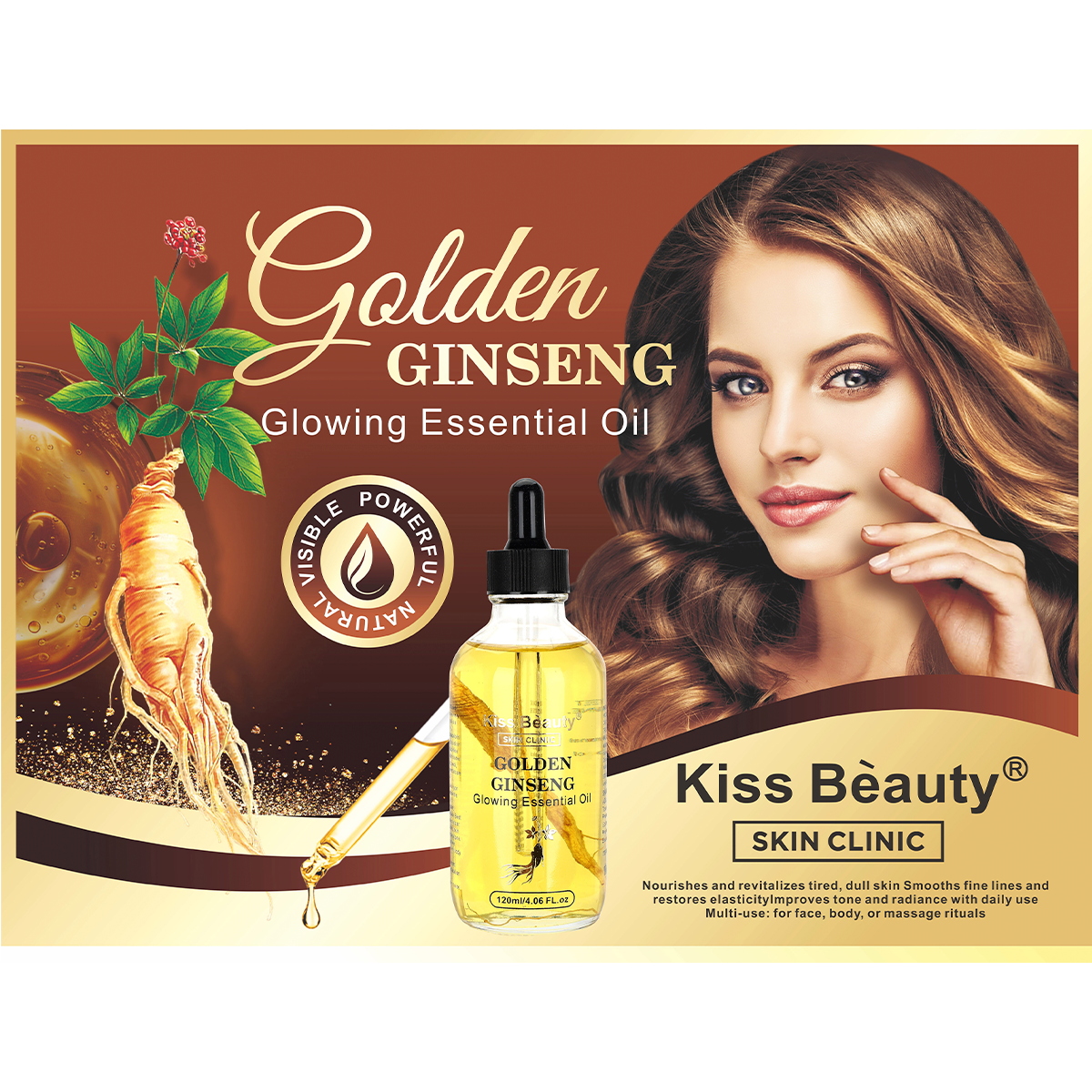Aceite Concentrado Iluminador de Ginseng, 120 ml. Nutre y Revitaliza, Facial, Masaje, Cabello o Corporal .