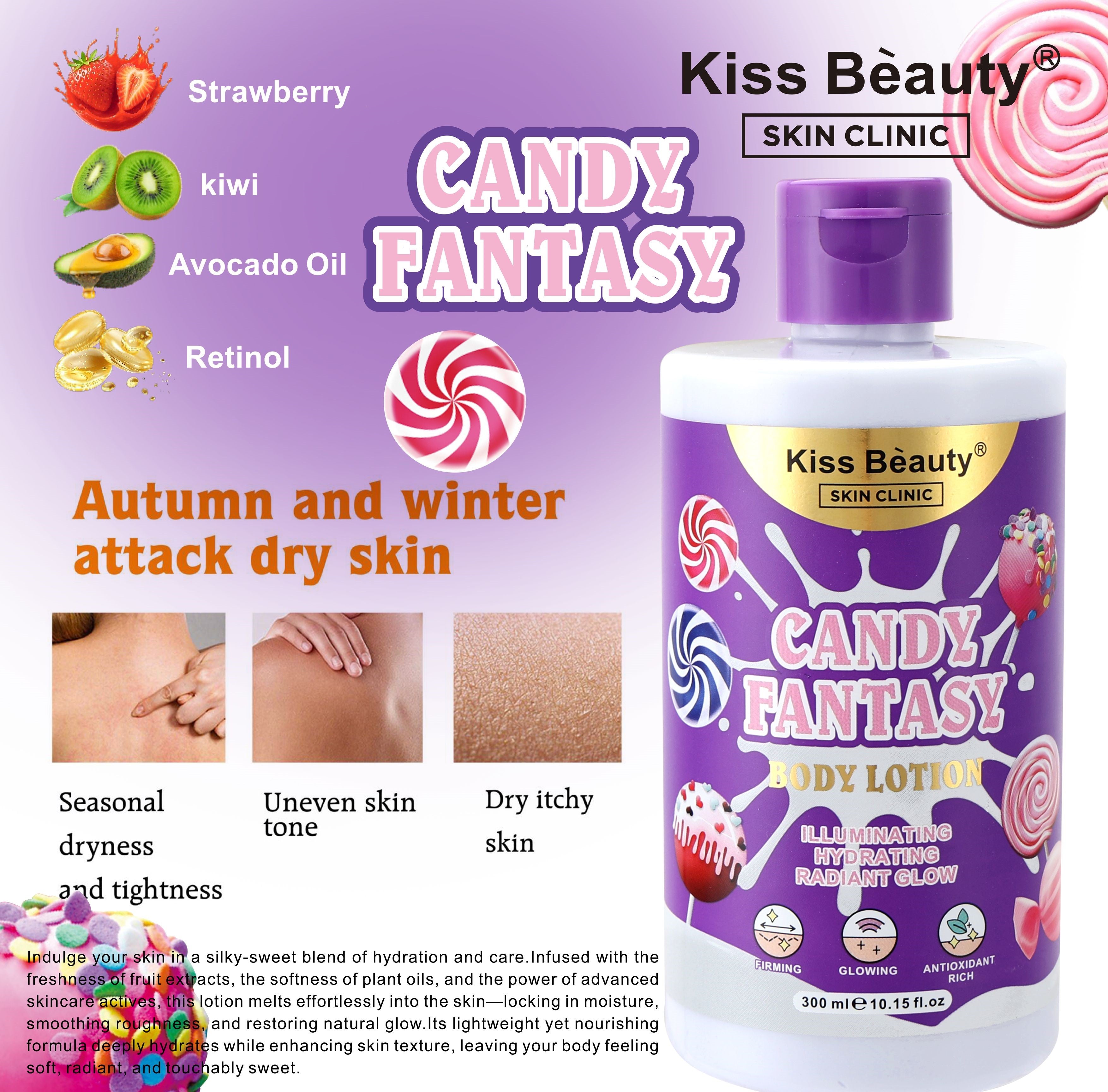 Loción Corporal Candy Fantasy, Bubb Legum, Cotton Candy, Cherry Boom, Ice Cream, Fruit Gummy, Strawberry Cheesecake, Chocolate Fudge