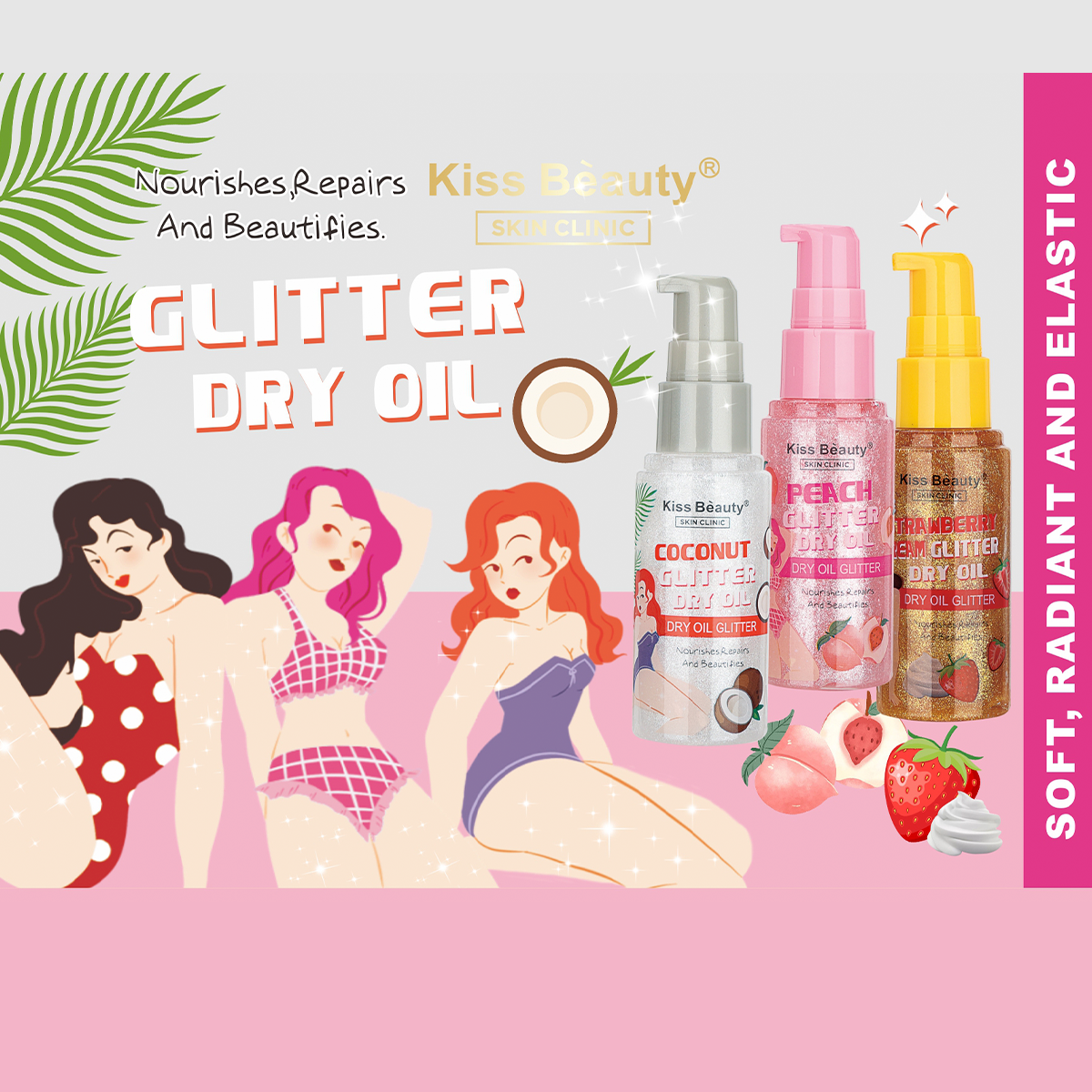 Glitter Aceite Seco con Brillos Coco/ Melocotón/ Fresa