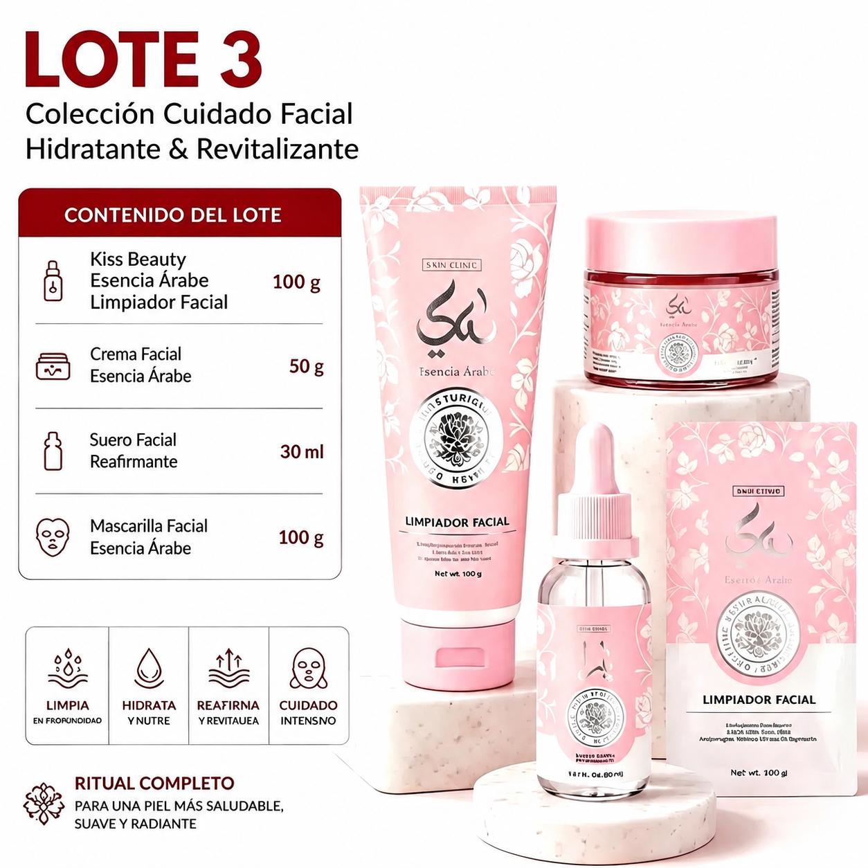 Lote 5 Productos Faciales, Ambientado en Esencia Árabe, Limpiador Facial con Apl - Lote 3 