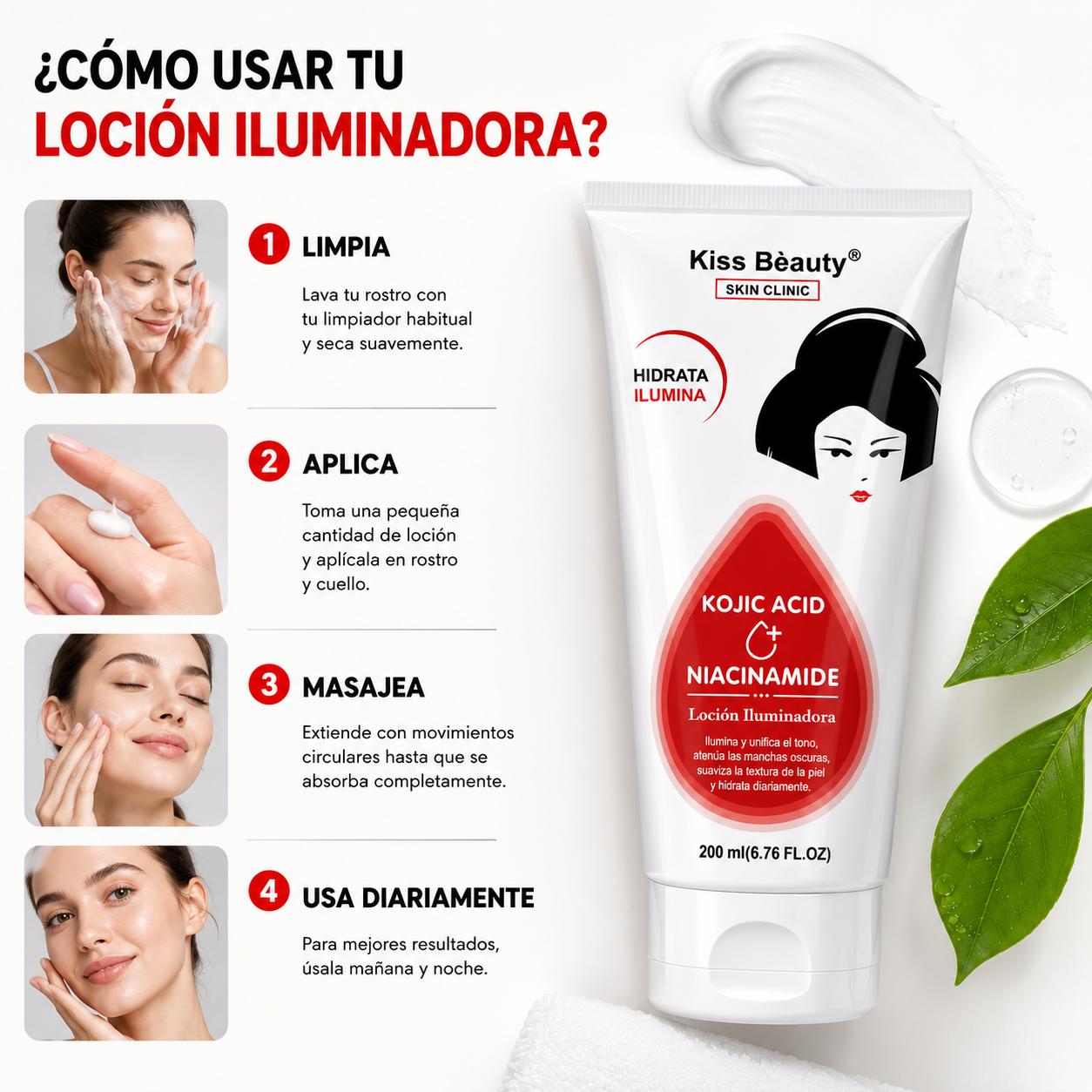 Serie de Loción Hidratante Corporal Iluminadora con Kojic Acid , Boost, Hydro, Radiante, Refinadora, Suavizante. Con Ácido Hialurónico, AHA, Glutatión, Niacinamida y Vitamina C.