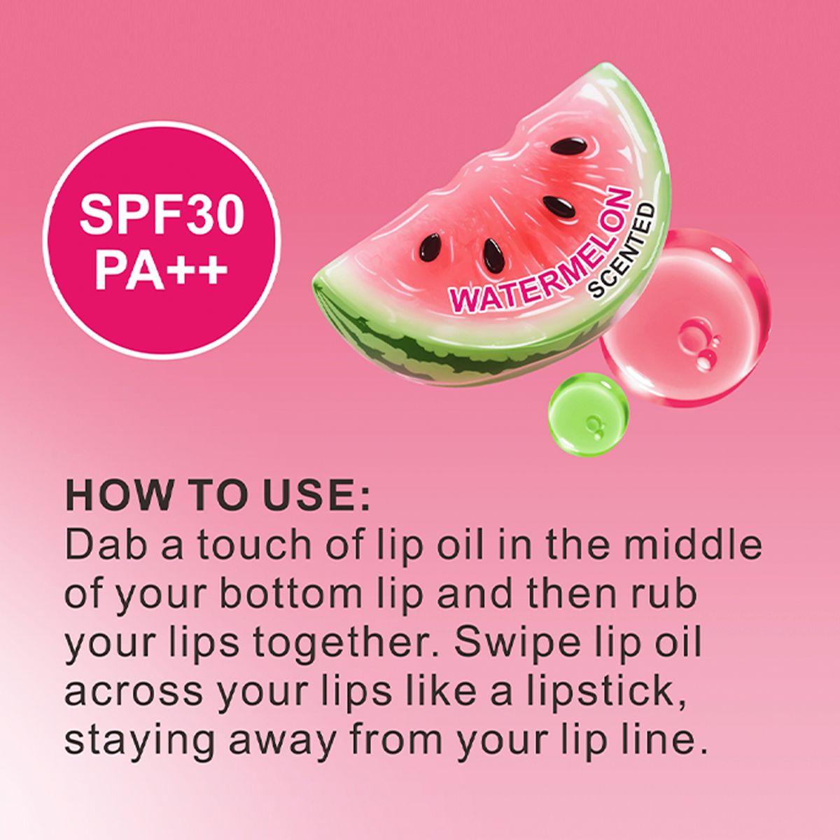 Aceite Labial Hidratante Aroma Sandía – Brillo Intenso, Efecto Volumen, SPF 30 PA++, 6 ml