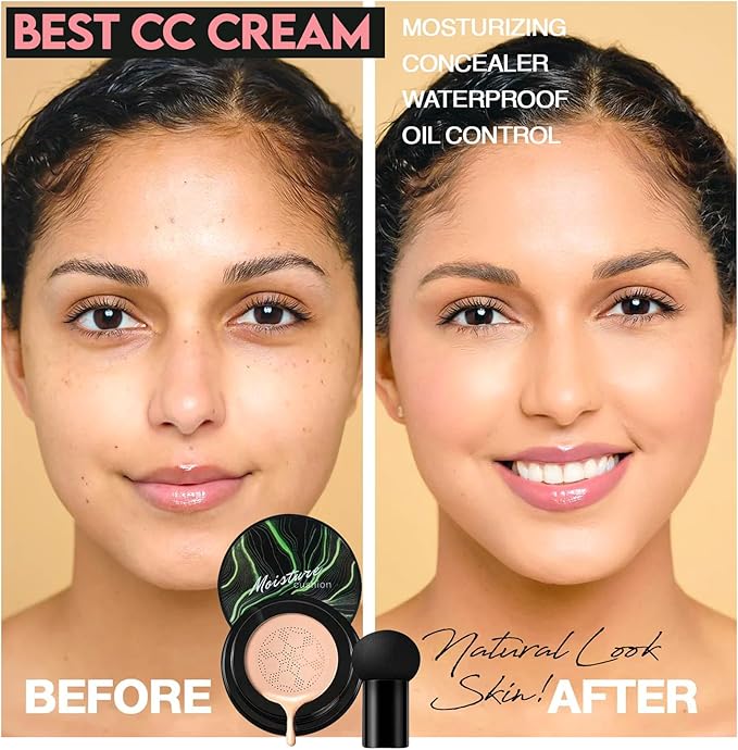 CC Cream, Base de Maquillaje Air Cushion, Foundation de Larga Duración y Alta Cobertura, Hidratante y Piel Respirable.