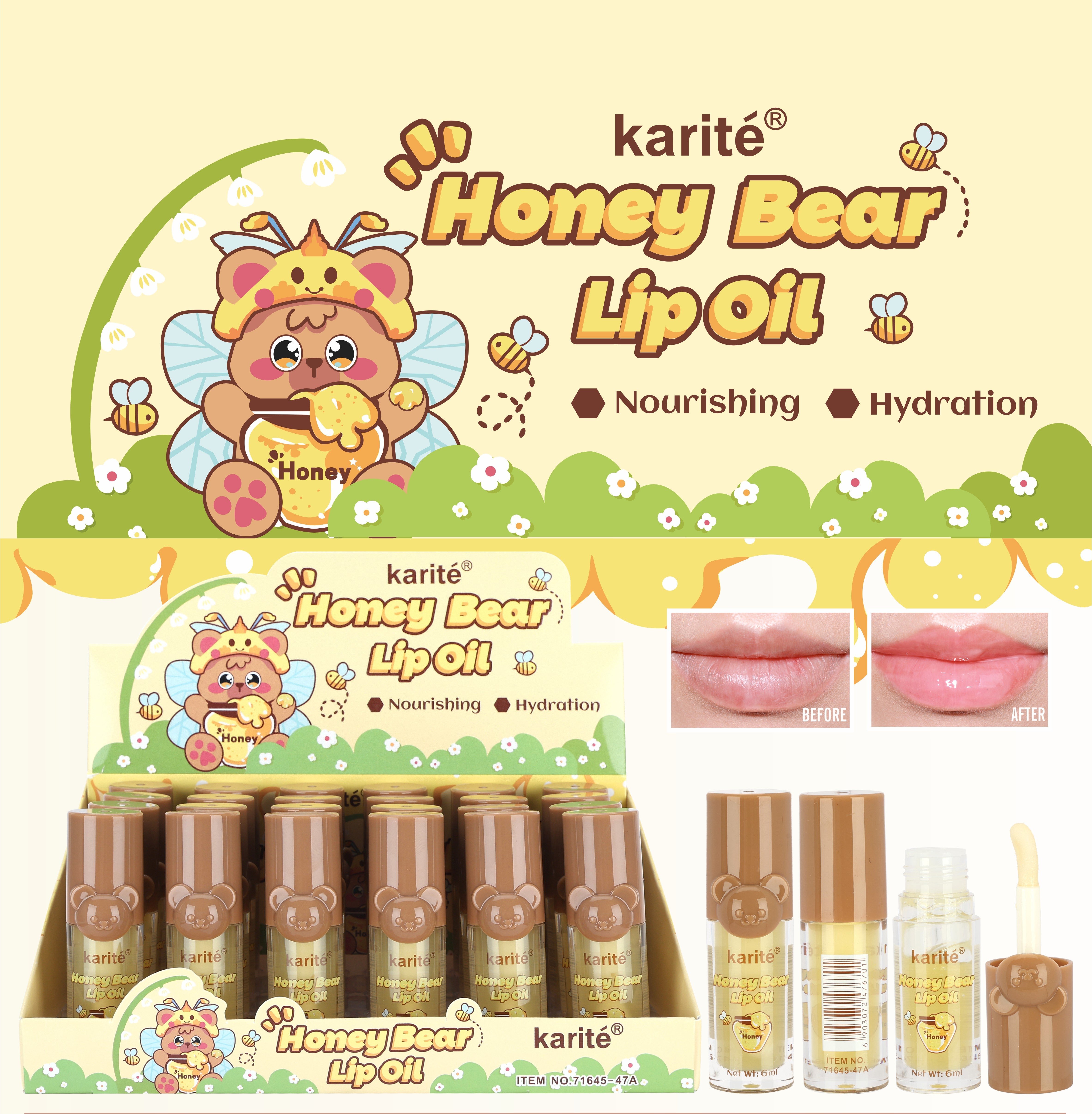 Lip Oil Hidratante – Aceite Labial Nutritivo con Acabado Brillante, Larga Duración (6 ml) – Variantes Honey Bear, Strawberry Bear y Candy Bear