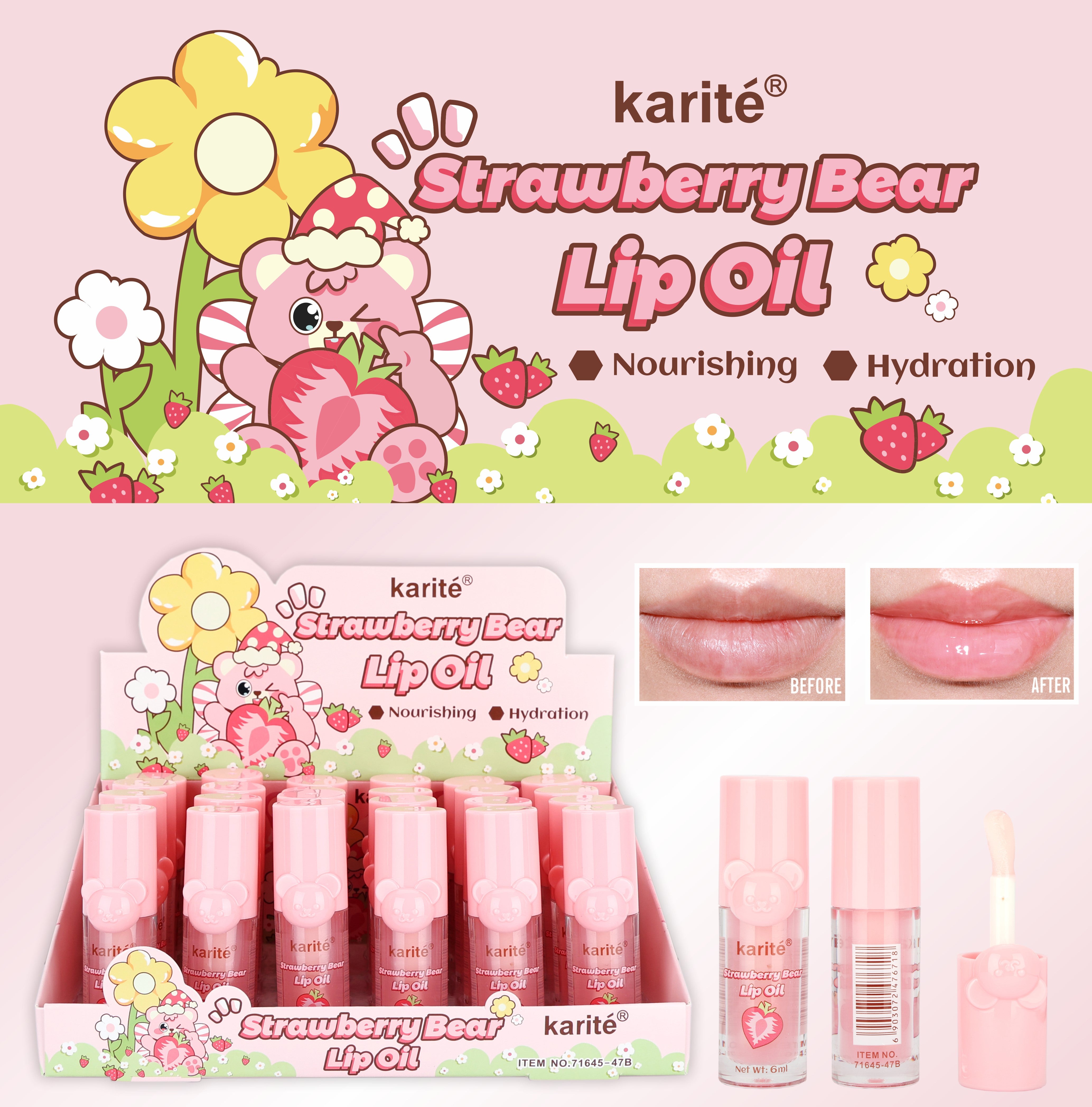 Lip Oil Hidratante – Aceite Labial Nutritivo con Acabado Brillante, Larga Duración (6 ml) – Variantes Honey Bear, Strawberry Bear y Candy Bear