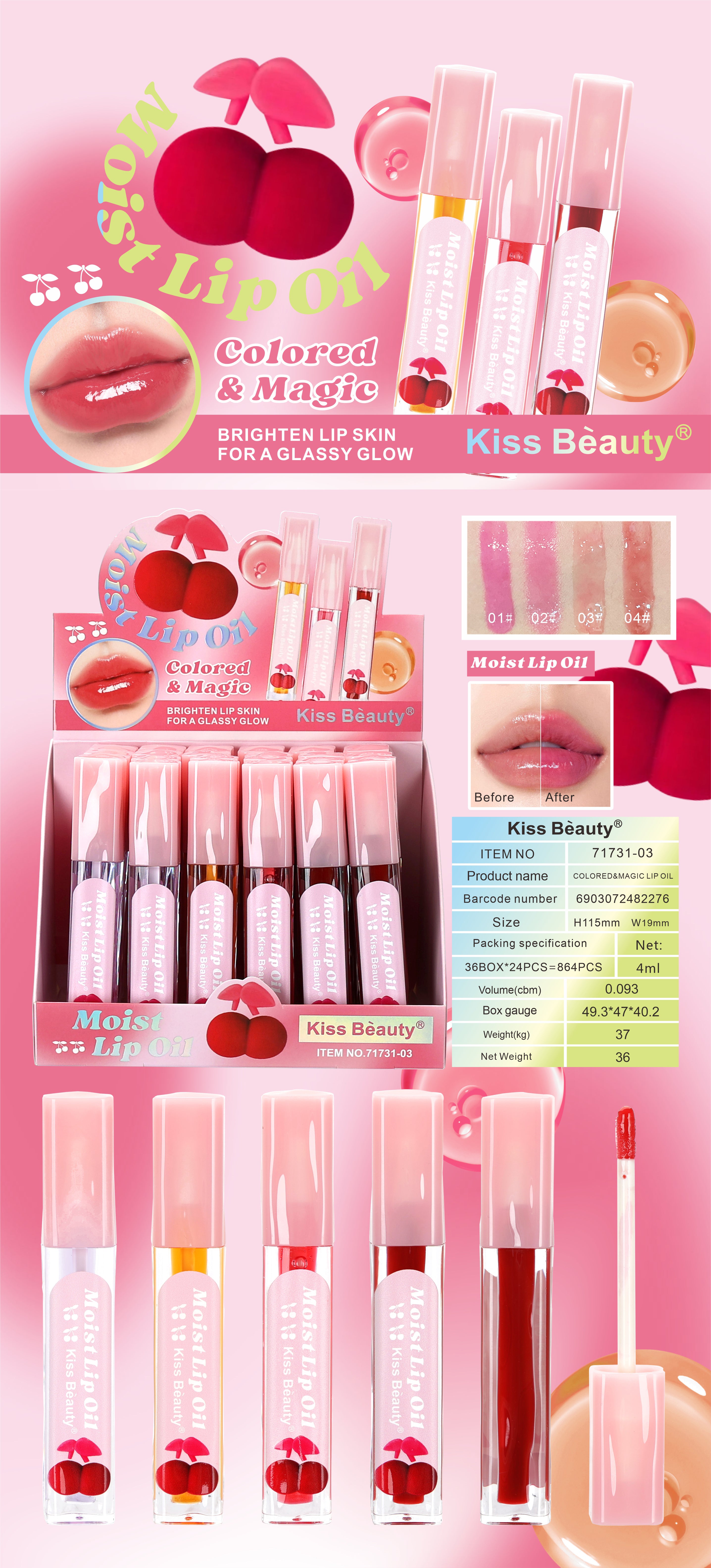 Aceite Labial con Color,  Hidratante Mágico que Cambia de Color, Brillo Cristalino