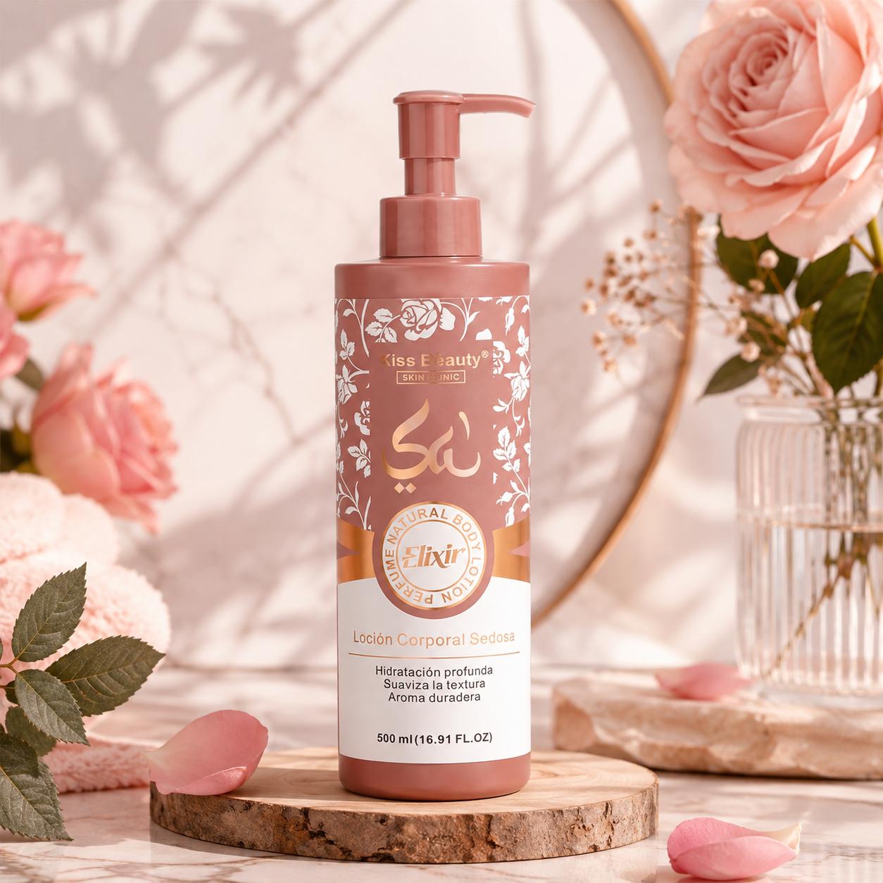 Colección Esencia Árabe Serie Elixir, Loción Corporal, Gel de Ducha, Desodorante, Sérum Facial Renovador, Exfoliante Cor
