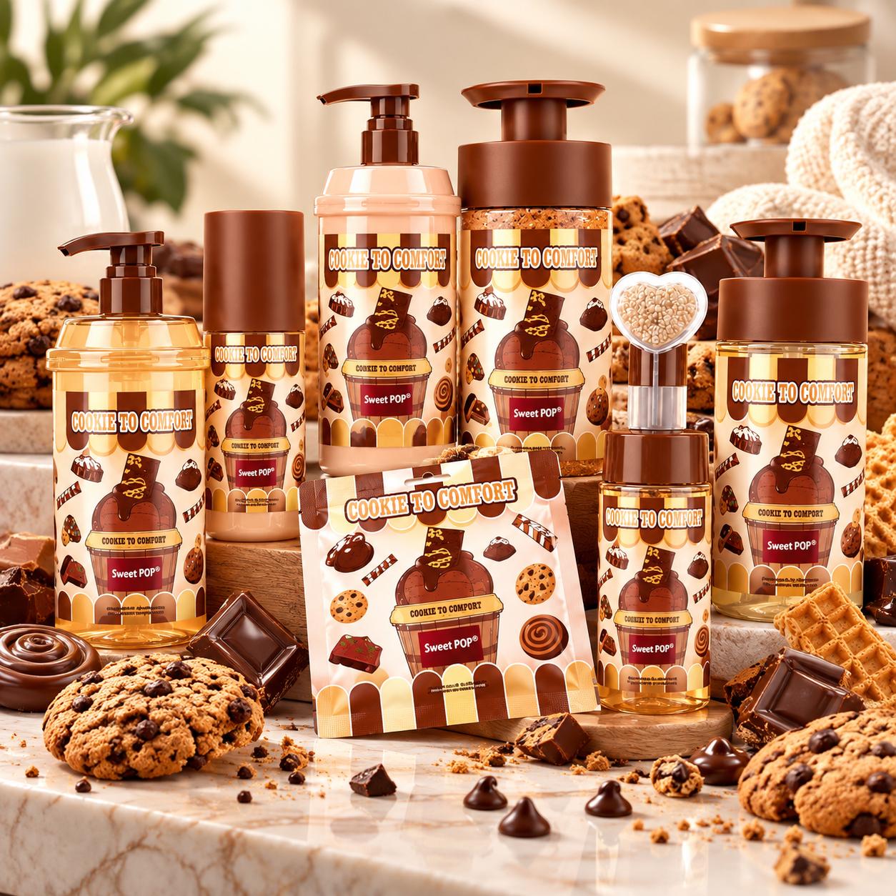 Serie Cookie to Comfort, Cuidado de Piel, Línea Comfort. Limpiador Facial, Bruma, Gel de Ducha, Loción Corporal, Champú 