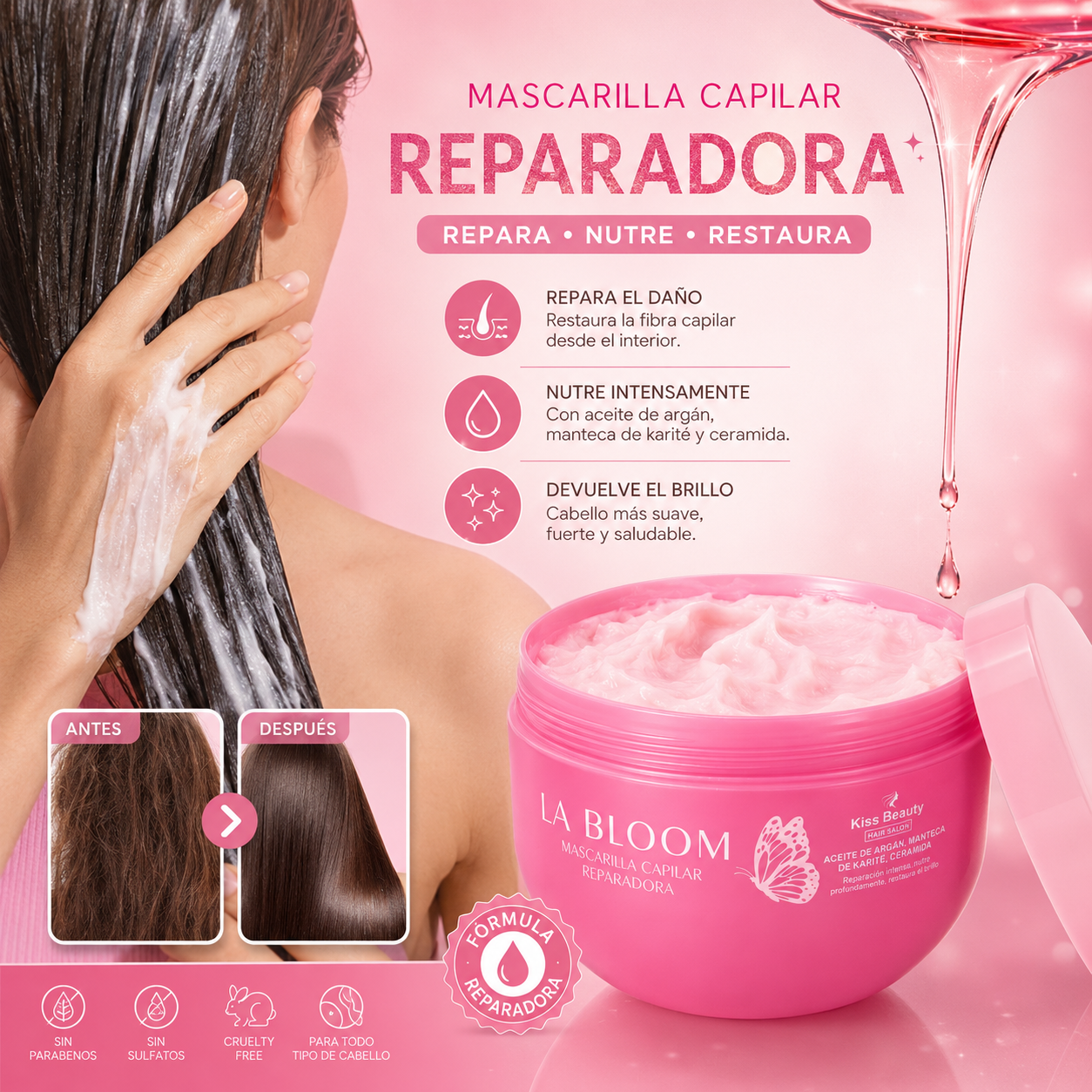 Mascarilla Capilar Reparadora , Serie La Bloom, Fragancia Seductora.