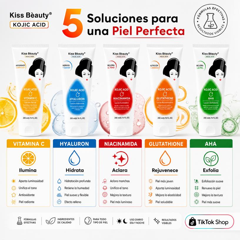 Serie de Loción Hidratante Corporal Iluminadora con Kojic Acid , Boost, Hydro, Radiante, Refinadora, Suavizante. Con Ácido Hialurónico, AHA, Glutatión, Niacinamida y Vitamina C.