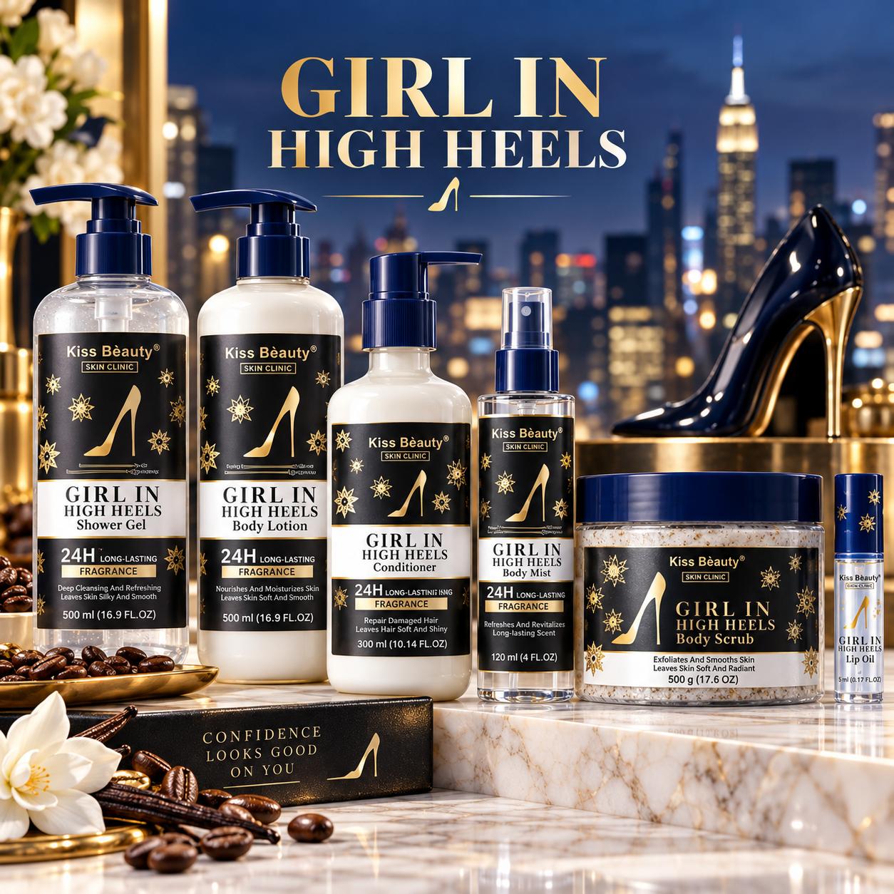Serie Girl in High Heels – Colección de Cuidado Corporal, Capilar y Labial, Gel de Ducha, Champú Suavizante y Aceite Lab