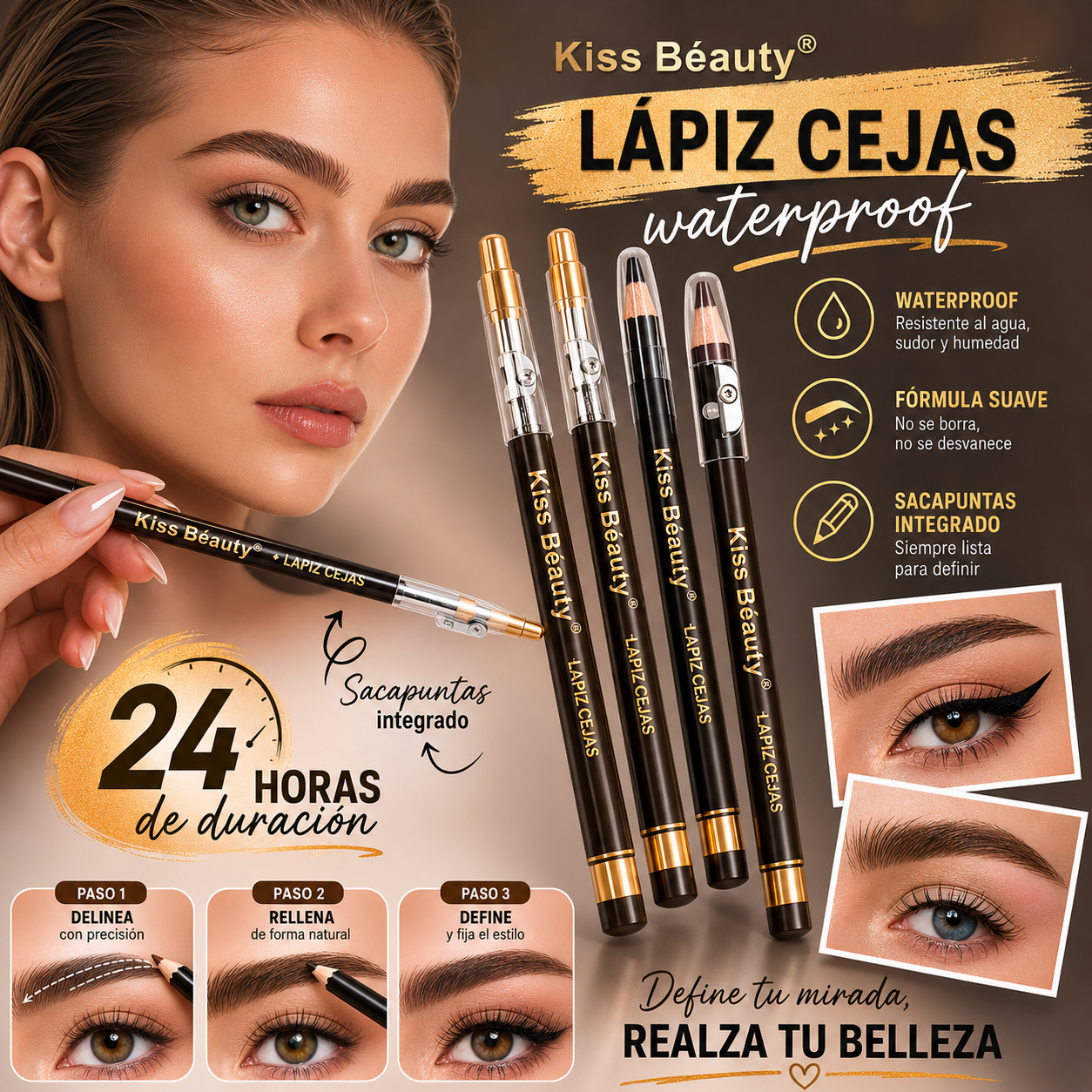 Lápiz para Cejas Delicado y Suave, No Reseca, Larga Duración, Impermeable, 6 Tonos, Waterproof con Sacapuntas Incluida.