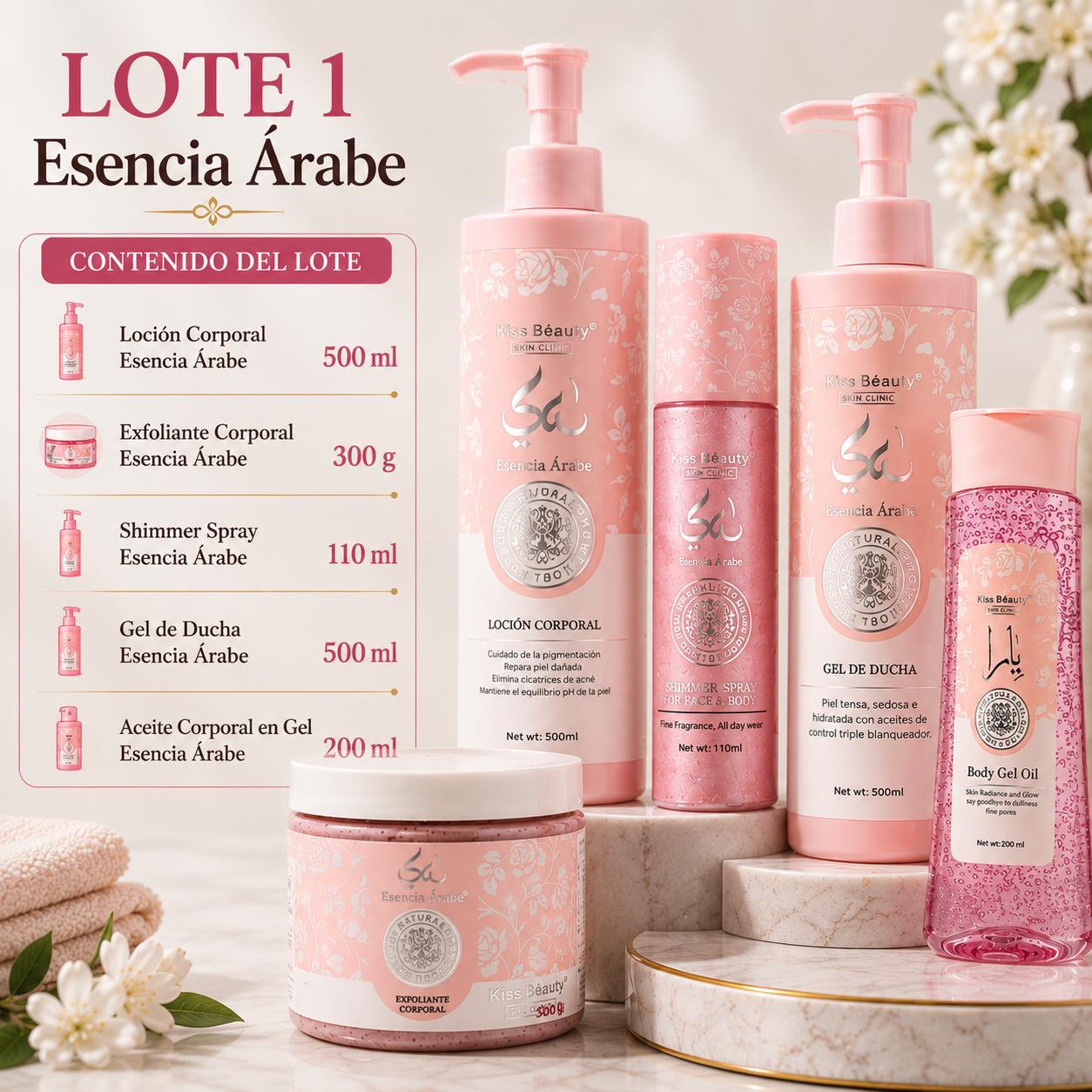Pack Esencia Árabe Spa Corporal 5 Productos | Jabón, Exfoliante, Loción, Aceite y Crema de Manos. Gel de Ducha, Bruma . 