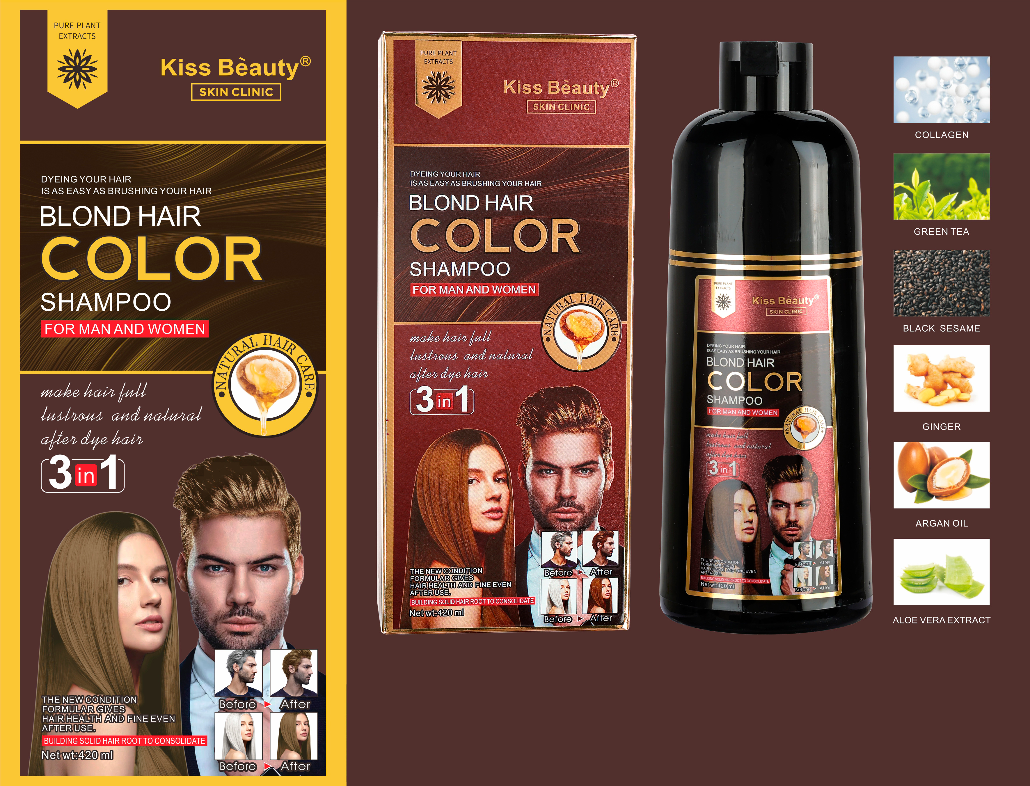 Champú Tinte Colorante Negro o Marrón o Rubio o Castaño Claro. Sin Amoniaco.
