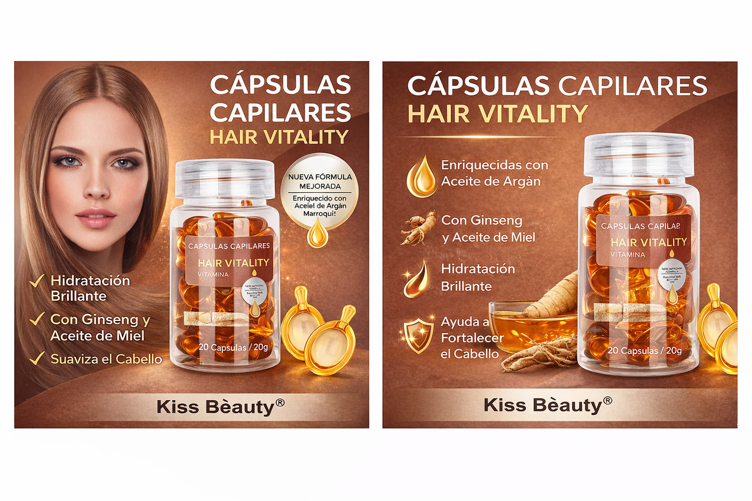Cápsulas Capilares. 4 Opciones, con Aceite Marroquí, Aceite de Argán, Aceite de Jojoba, Vitaminas A, C y E – Tratamiento Reparador para Cabello Dañado – 20 Cápsulas (20 g)