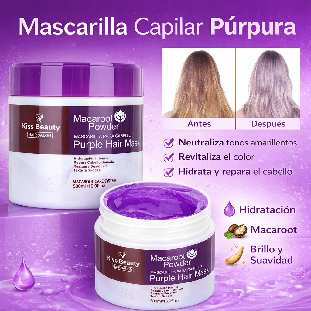 Mascarilla Capilar Purple Formato XL 500 ml, con Esencia de Maca. Macaroot Powder Purple Hair Mask.