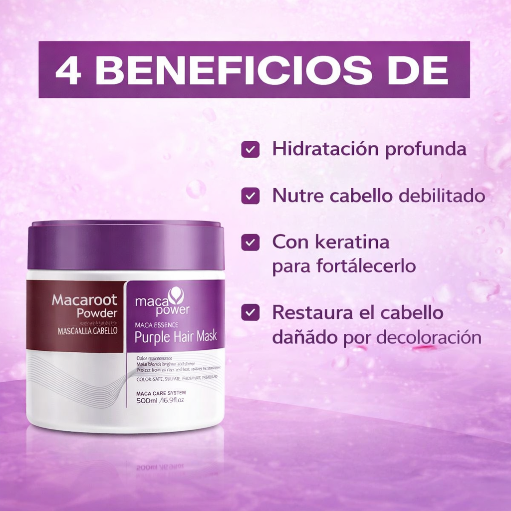Mascarilla Capilar Purple Formato XL 500 ml, con Esencia de Maca. Macaroot Powder Purple Hair Mask.