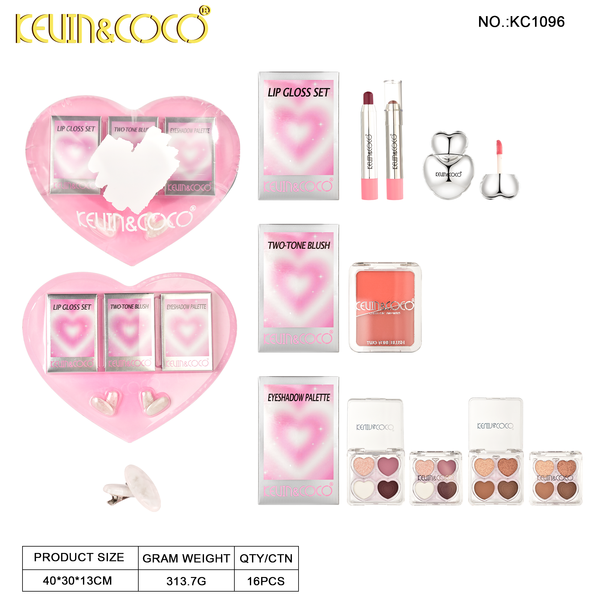 Kit de maquillaje Heart Inflation: Sombra de ojos, rubor, lápiz labial y brillo labial
