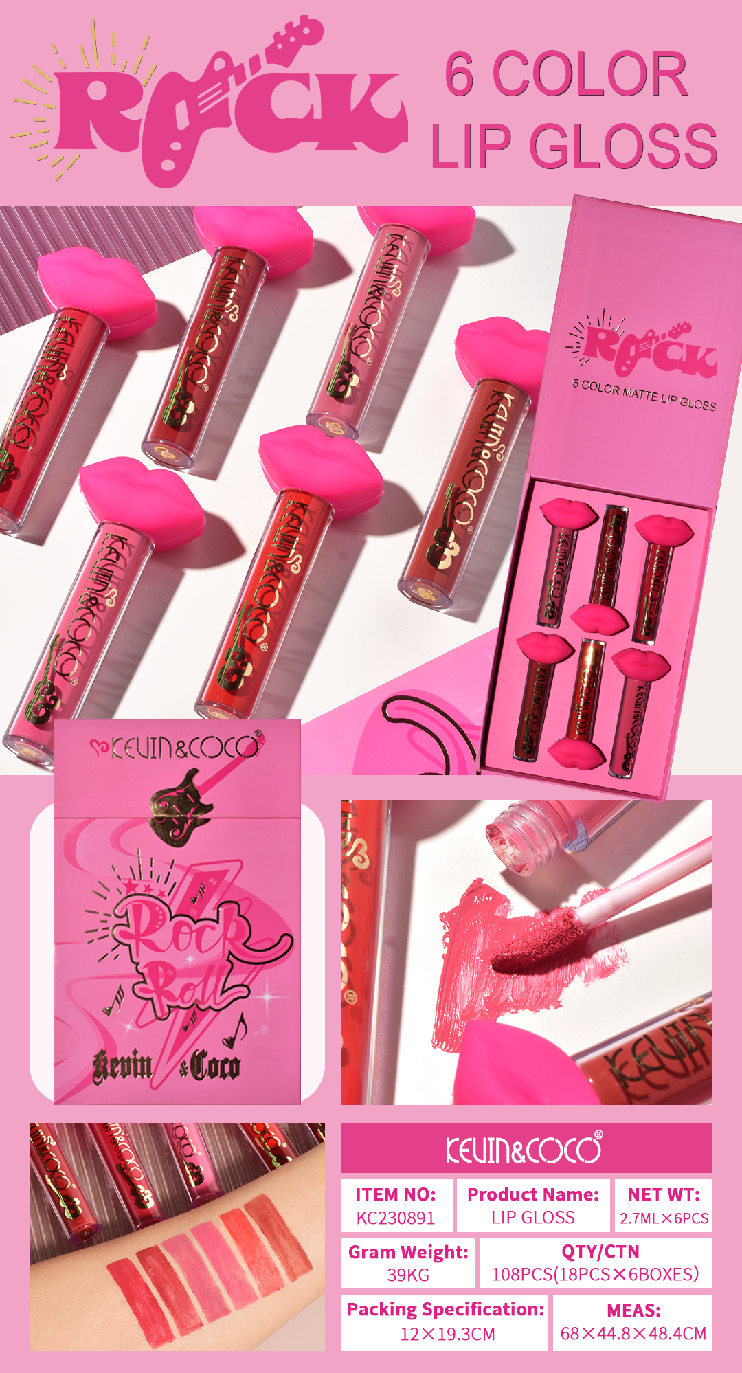 Juego de Brillos Labiales Mate Rock and Roll de 6 Colores