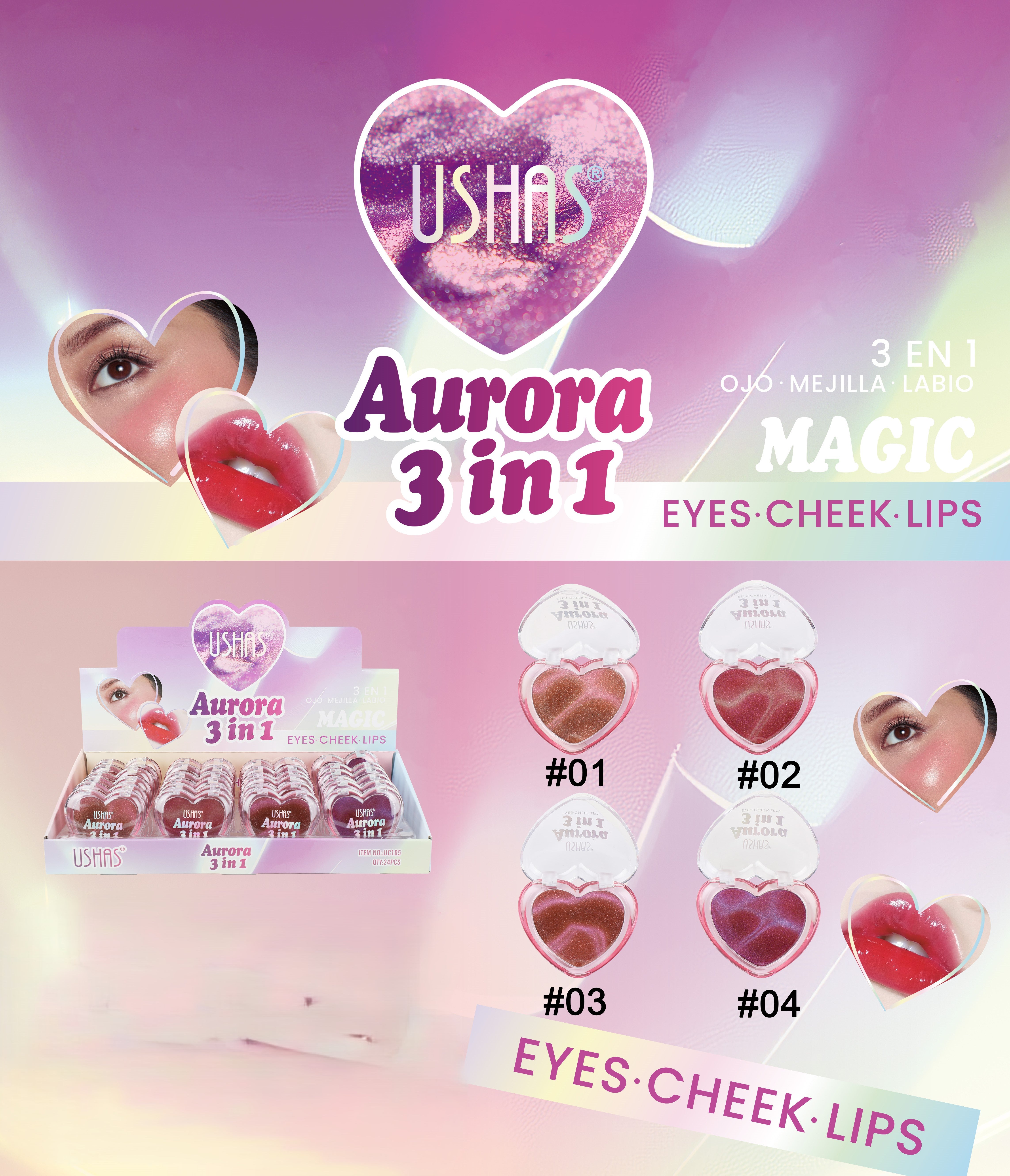 Aurora 3 In 1 Colorete para Mejillas, Labios y Ojos