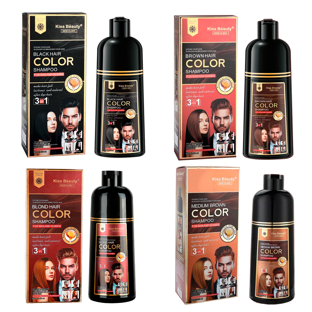 Champú Tinte Colorante Negro o Marrón o Rubio o Castaño Claro. Sin Amoniaco.