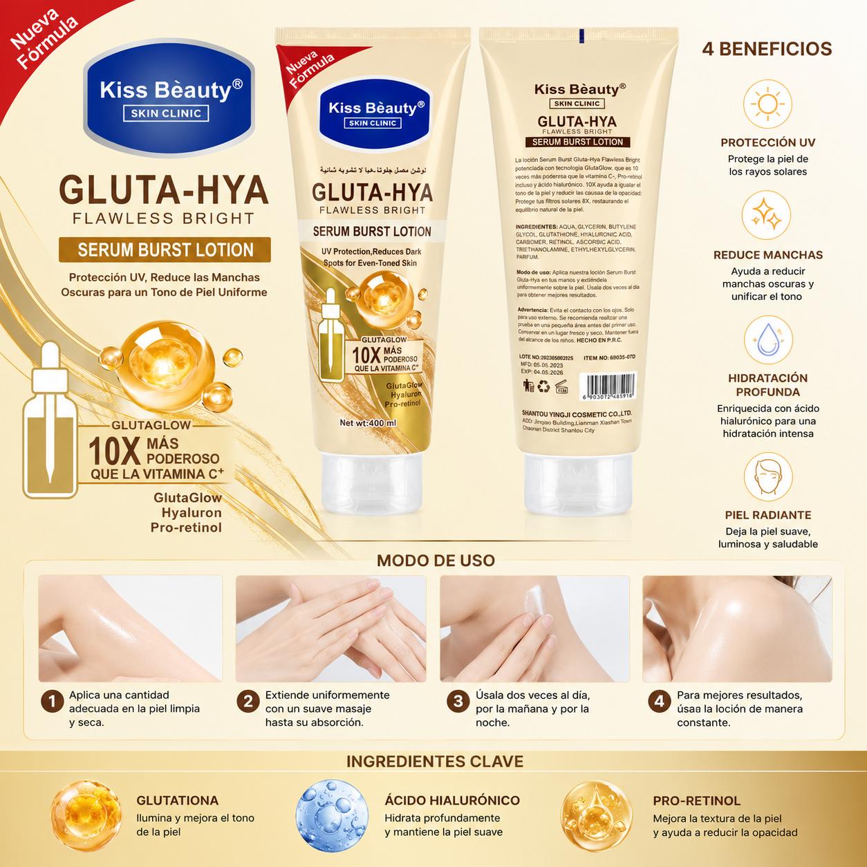 Loción Corporal con Sérum, Hidratación Profunda, Nutre X10 veces, Serum Burst 400 ml | Gluta-Hya con Glutatión, Ácido Hi