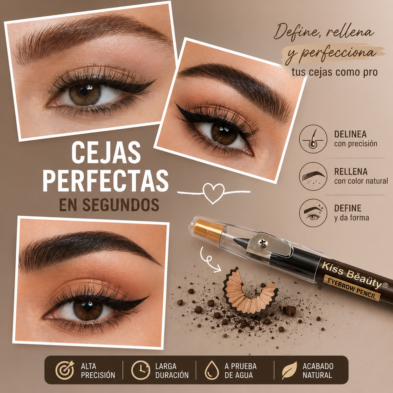 Lápiz para Cejas Delicado y Suave, No Reseca, Larga Duración, Impermeable, 6 Tonos, Waterproof con Sacapuntas Incluida.