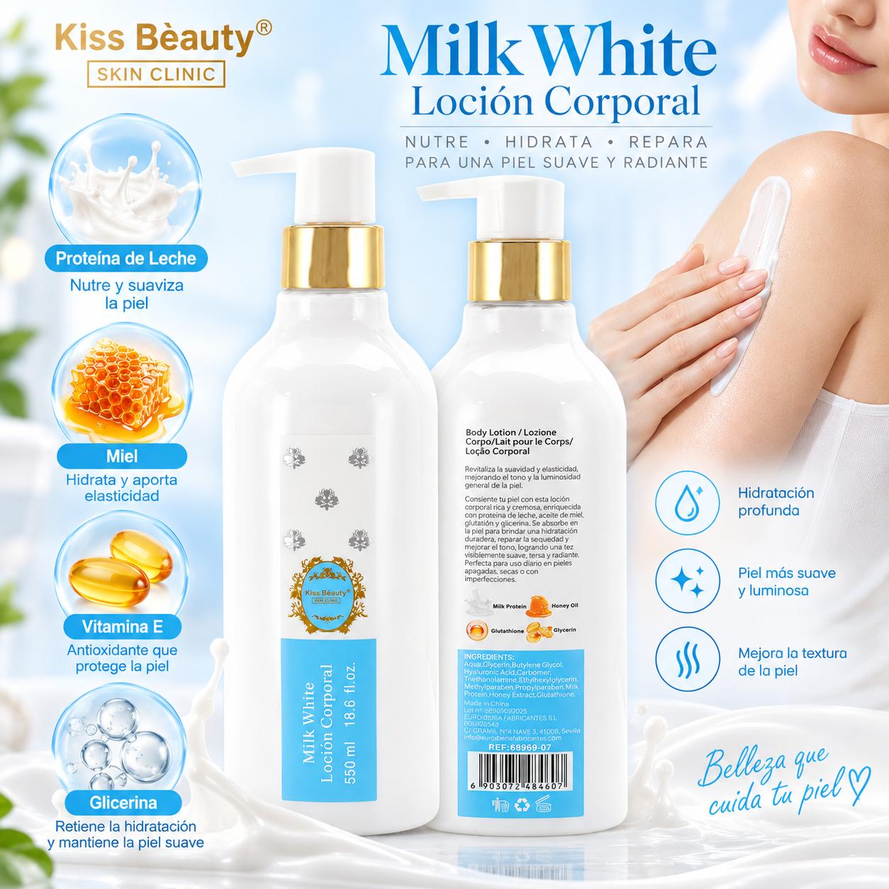 COLECCIÓN  MILK WHITE, Gama Completa de Skincare, Mascarilla Facial, Limpiador Facial, Gel de Ducha, Loción Corporal , S
