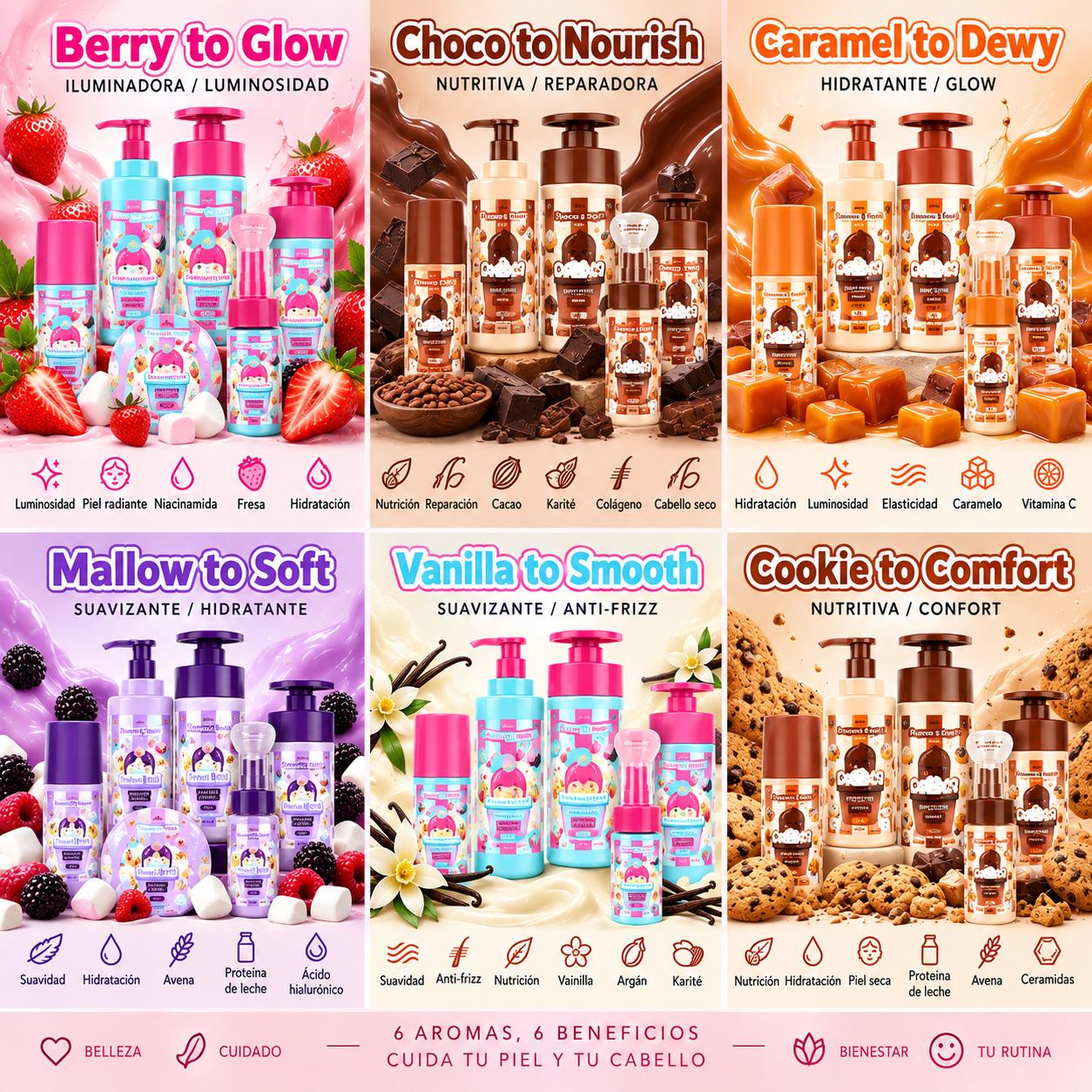 Cuidado Corporal y Capilar – Colección Completa, Gel de Ducha, Loción, Champú, Acondicionador, Bruma y Limpiador Facial.