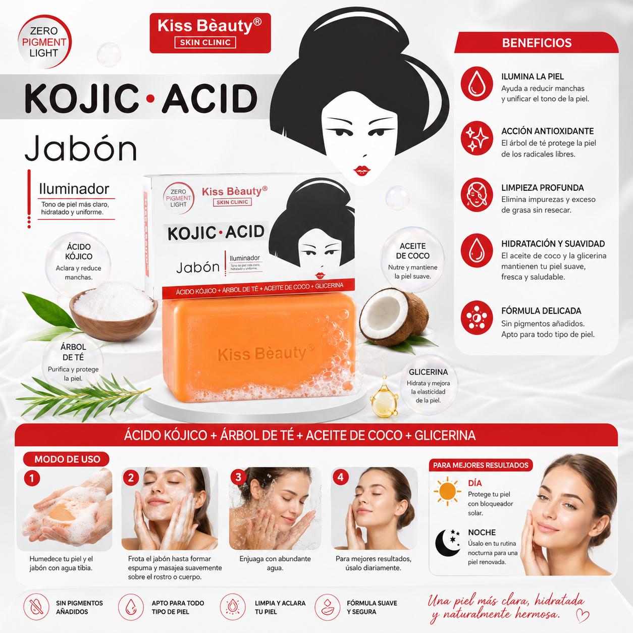 Jabón Ácido Kójico Iluminador – Con Árbol de Té, Aceite de Coco y Glicerina – 135 g
