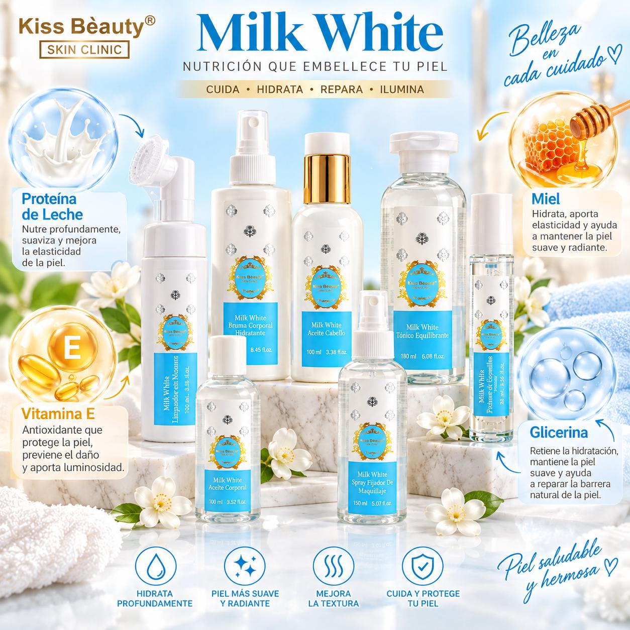 COLECCIÓN  MILK WHITE, Gama Completa de Skincare, Mascarilla Facial, Limpiador Facial, Gel de Ducha, Loción Corporal , S