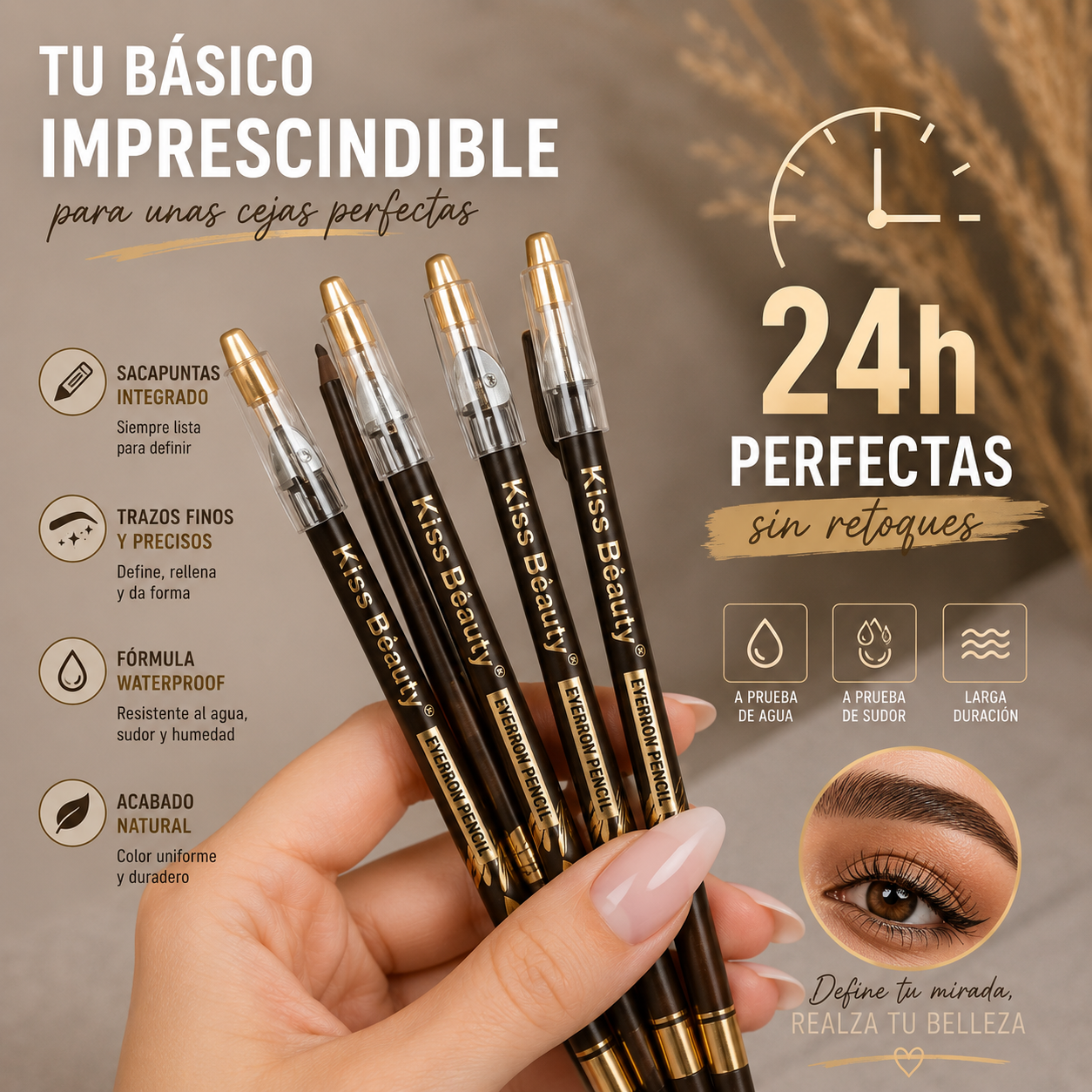 Lápiz para Cejas Delicado y Suave, No Reseca, Larga Duración, Impermeable, 6 Tonos, Waterproof con Sacapuntas Incluida.