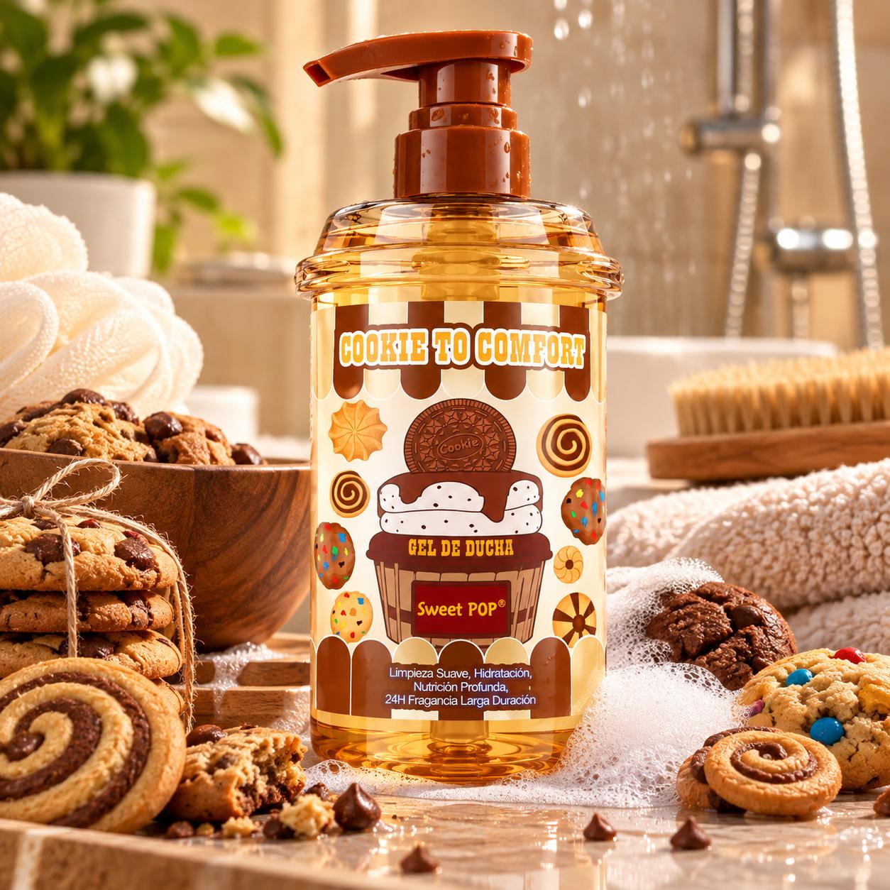 Serie Cookie to Comfort, Cuidado de Piel, Línea Comfort. Limpiador Facial, Bruma, Gel de Ducha, Loción Corporal, Champú 