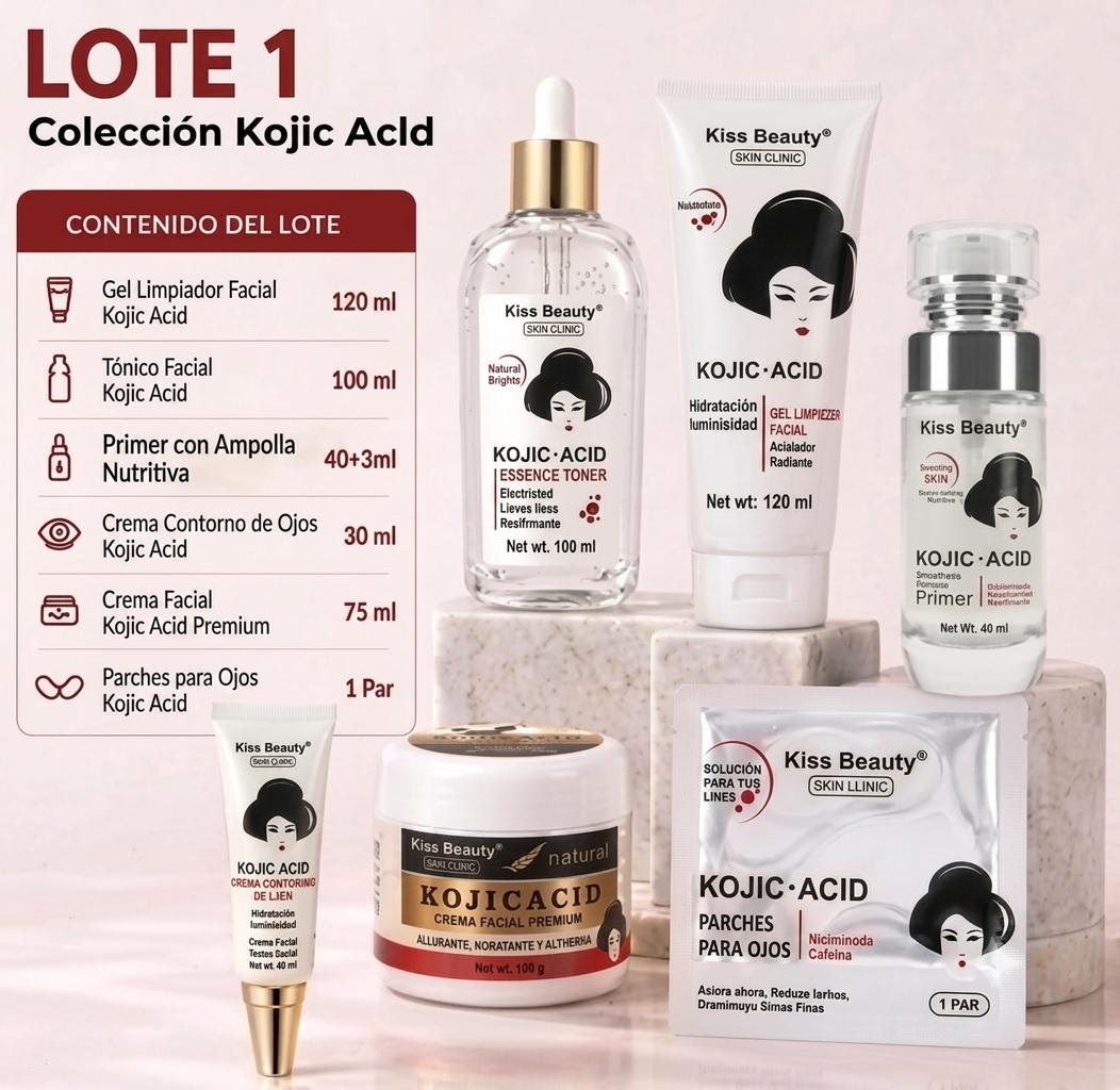 Set de Cuidado Facial con Ácido Kójico, Kojic Acid Skincare, Lote de 6 Productos. Antimancha, Piel Iluminada, Hidratada 