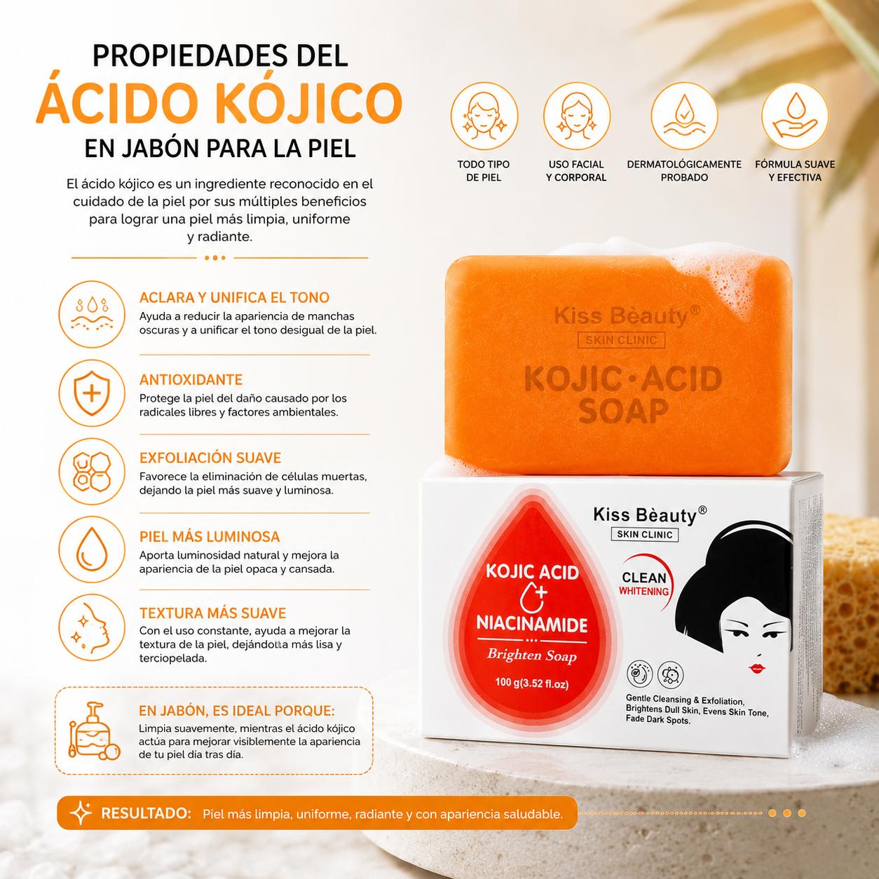 Jabón Kojic Acid Facial y Corporal con Ácido Kójico, Antimancha, Iluminador, Limpia e Hidrata. Combinado con Vitamina C,