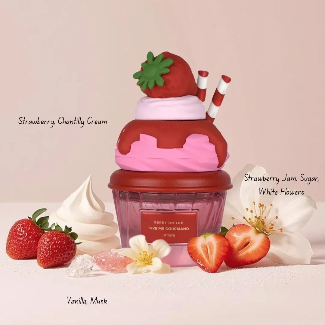 Berry on Top Give Me Gourmand Lattafa,  Perfume Árabe Eau de Parfum para Mujer 75 ml.