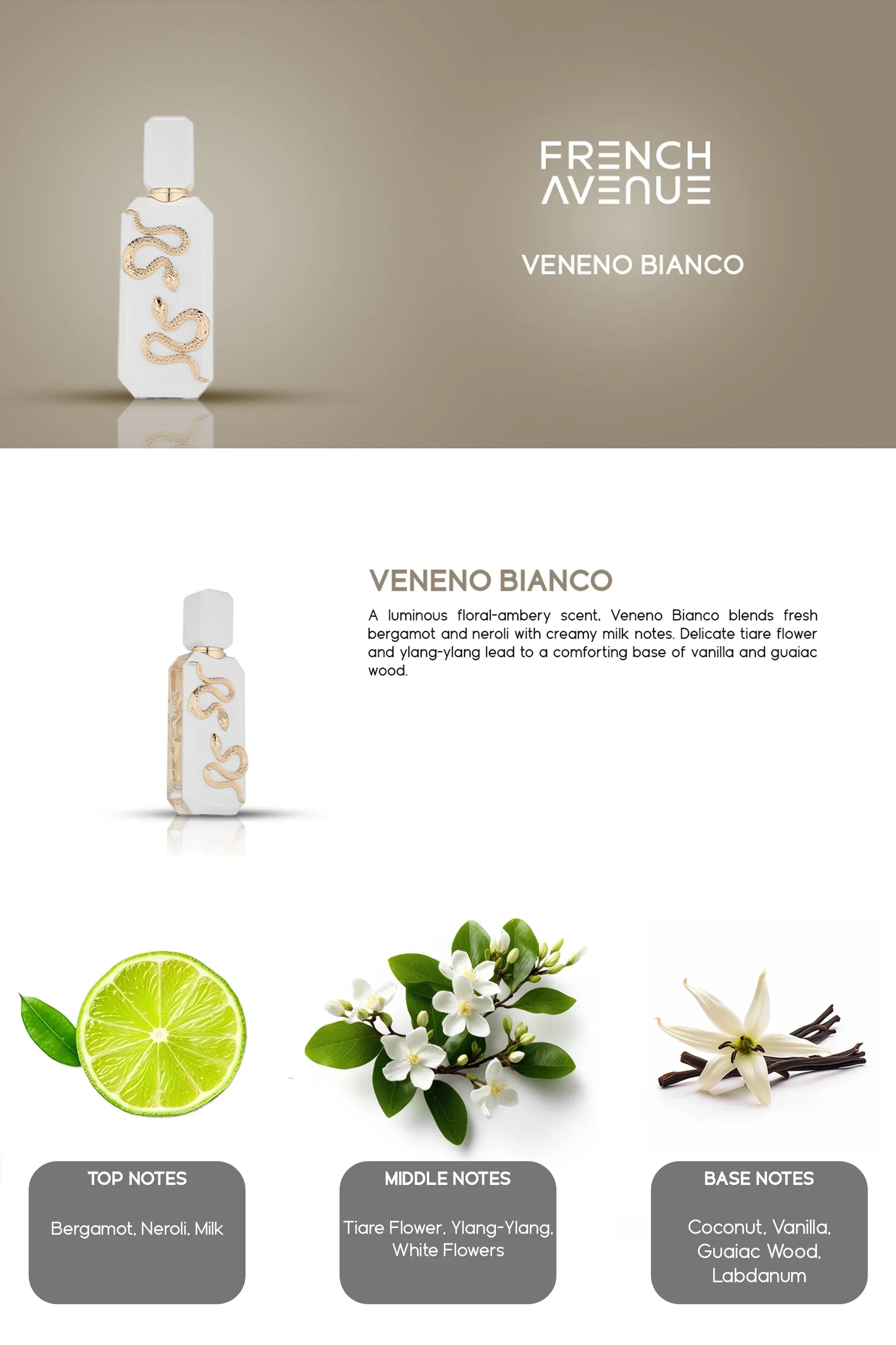100 ml Veneno Bianco French Avenue para Hombres y Mujeres, Eau de Parfum Unisex, Perfume Árabe de Larga Duración.